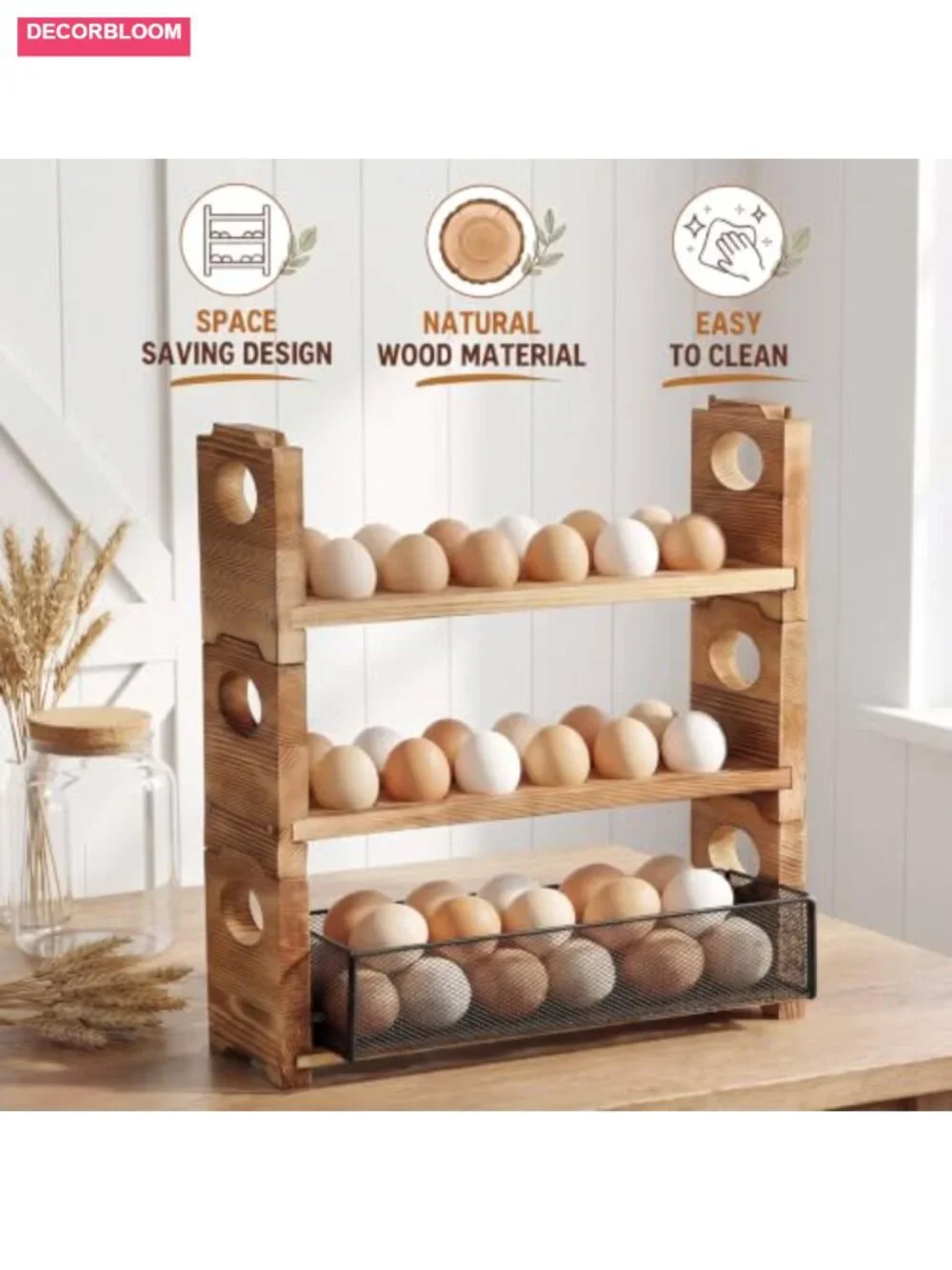 Fumete 3-Tier Wooden Egg Holder Countertop for 48 Eggs